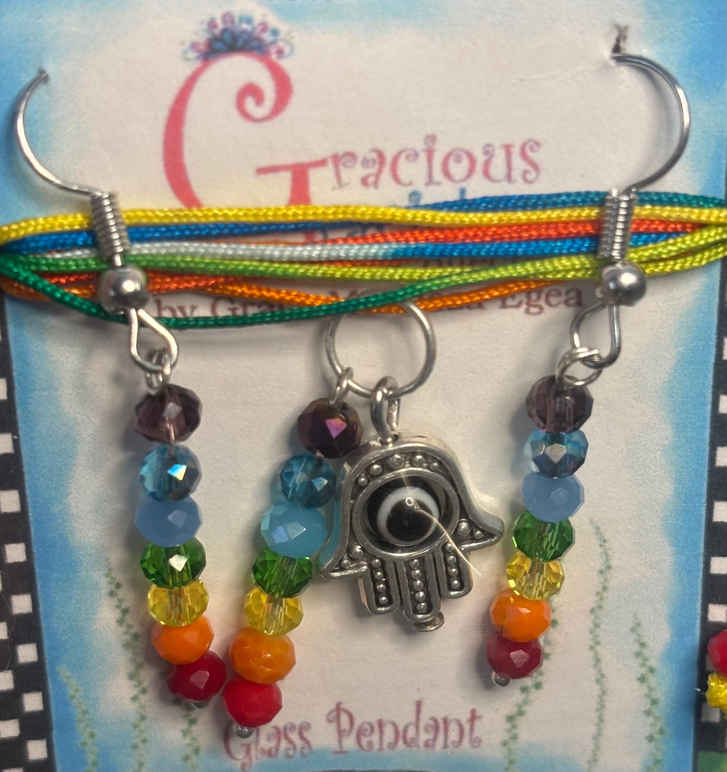 Hamsa hand necklace and earrings with 7 chakra pendant set