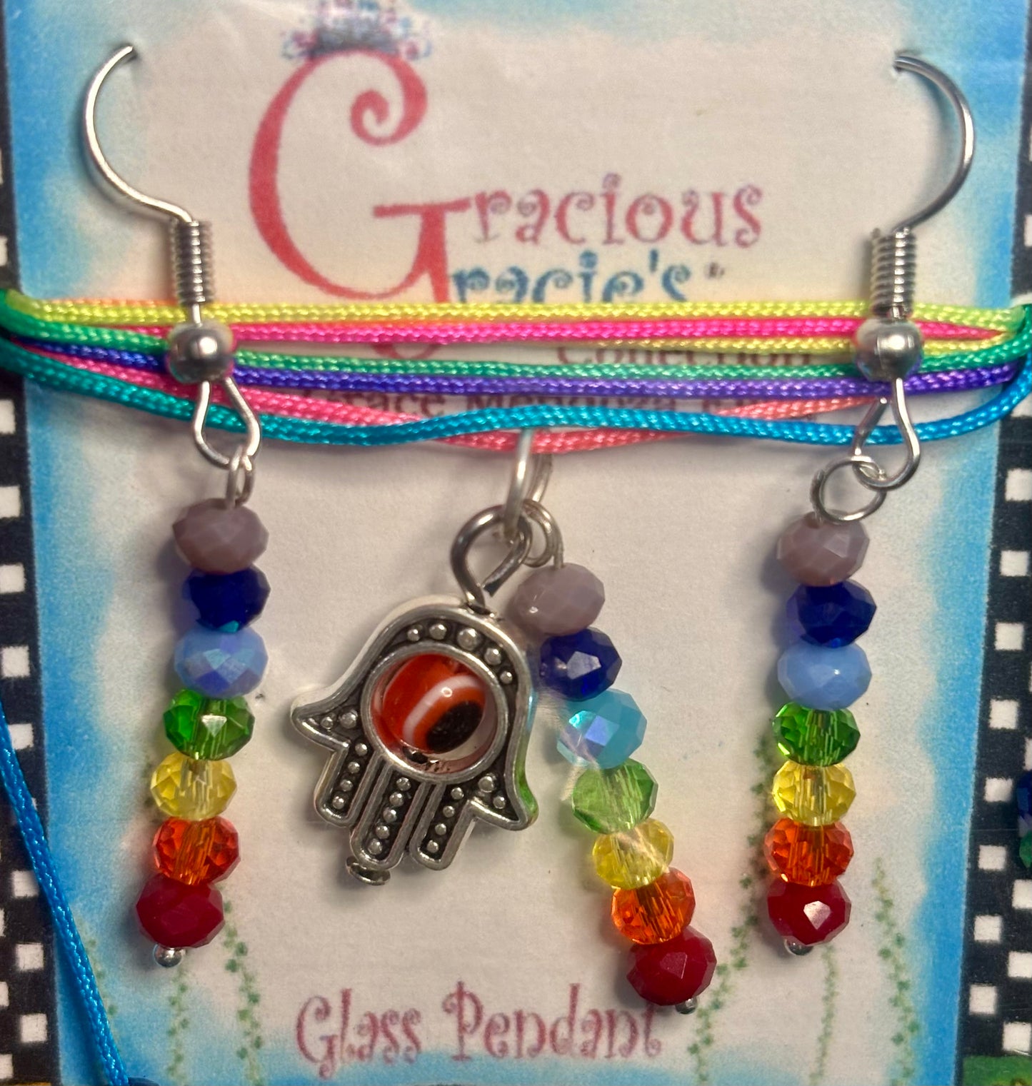 Hamsa hand necklace and earrings with 7 chakra pendant set