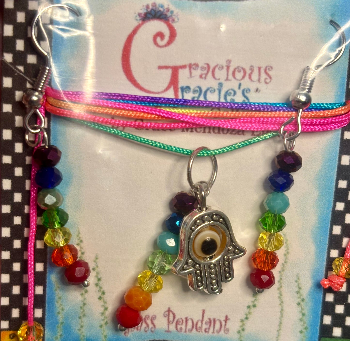 Hamsa hand necklace and earrings with 7 chakra pendant set