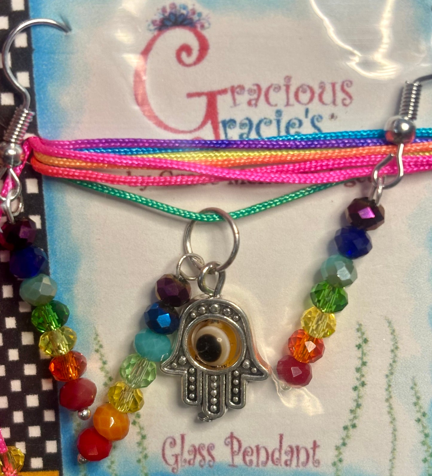 Hamsa hand necklace and earrings with 7 chakra pendant set