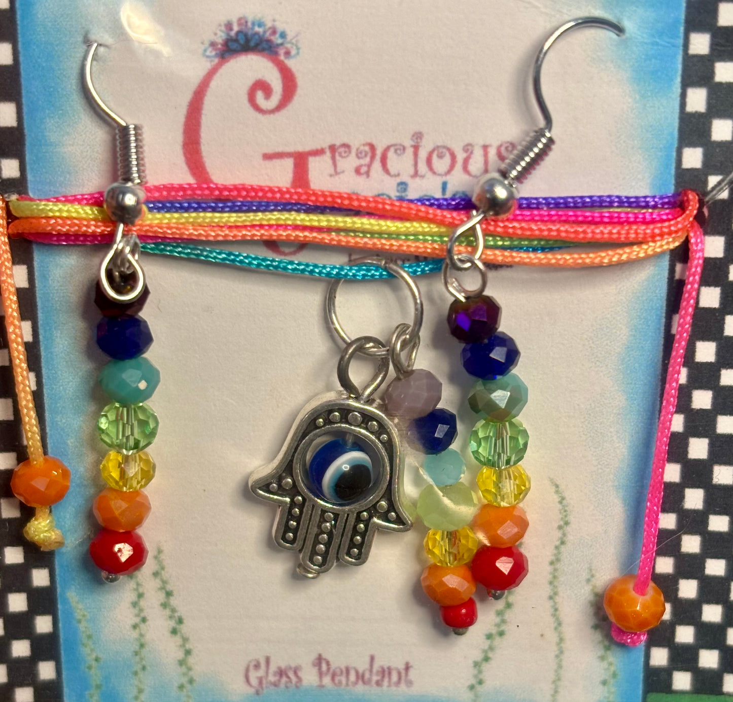 Hamsa hand necklace and earrings with 7 chakra pendant set