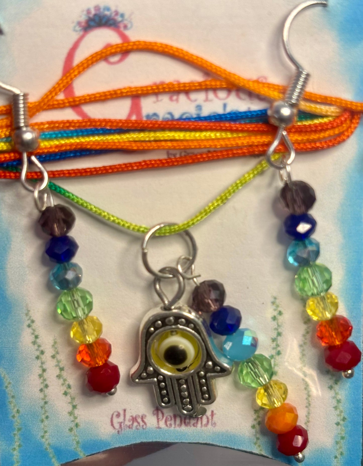 Hamsa hand necklace and earrings with 7 chakra pendant set