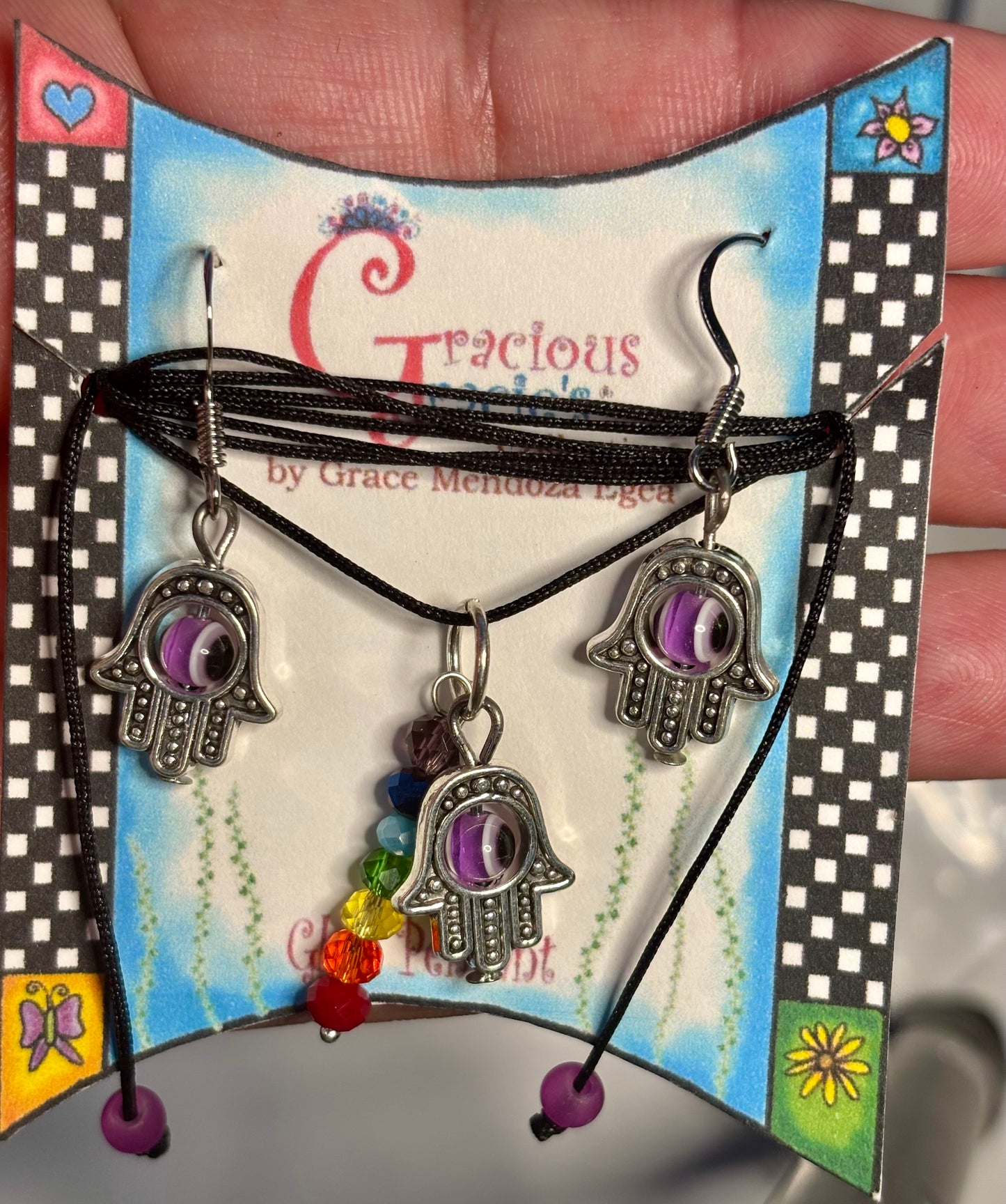 Hamsa hand necklace and earrings