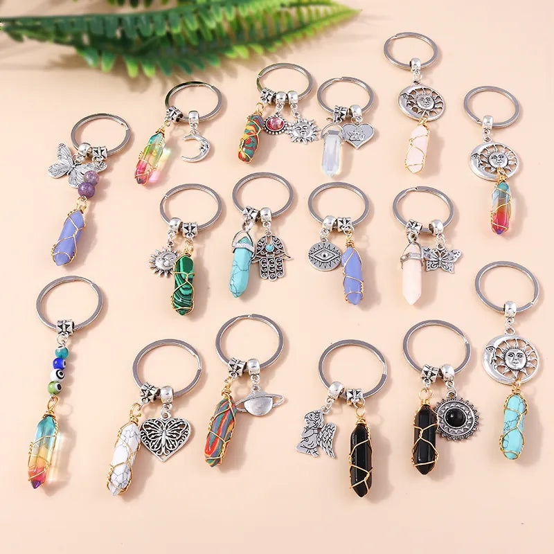 Natural Hexagonal Column Stone Chrystal Keychain
