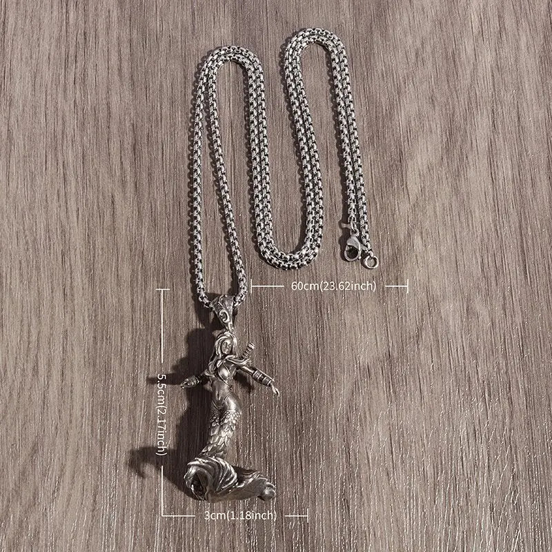 Retro Mermaid Warrior Silver Plated Necklace Pendant