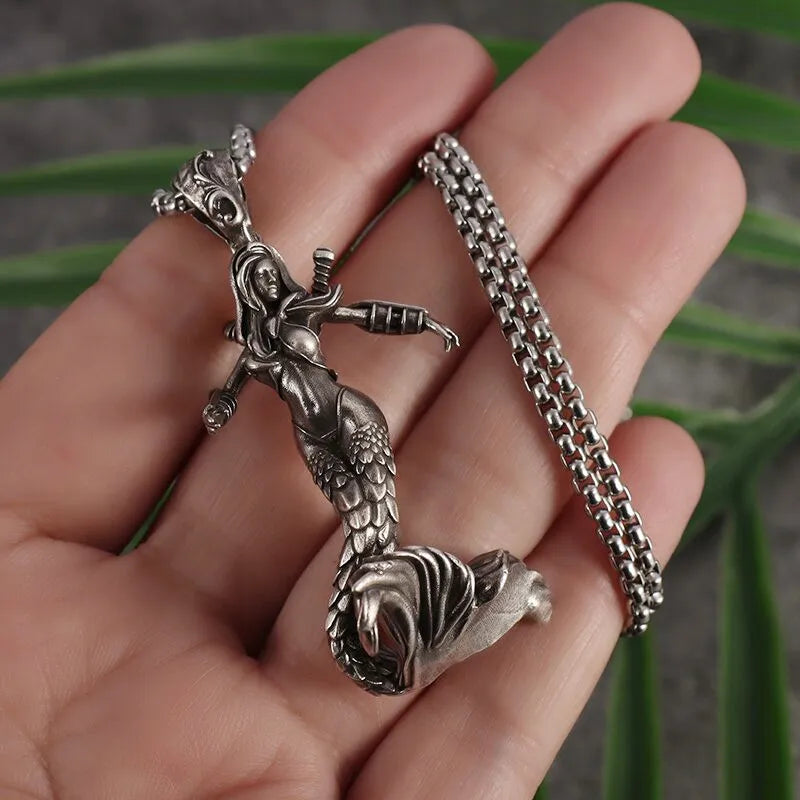 Retro Mermaid Warrior Silver Plated Necklace Pendant