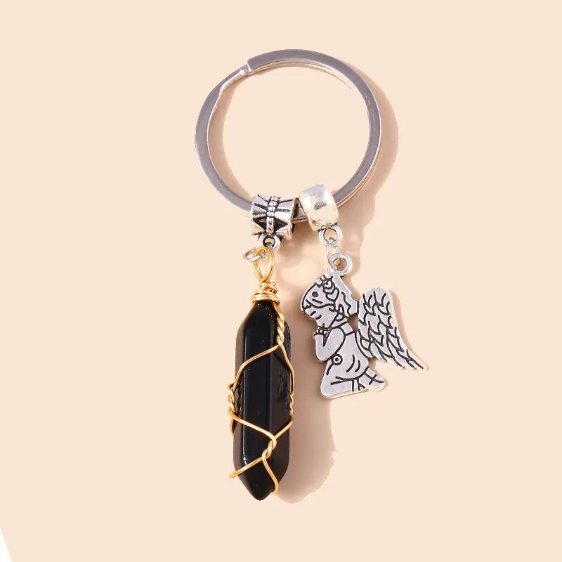 Natural Hexagonal Column Stone Chrystal Keychain