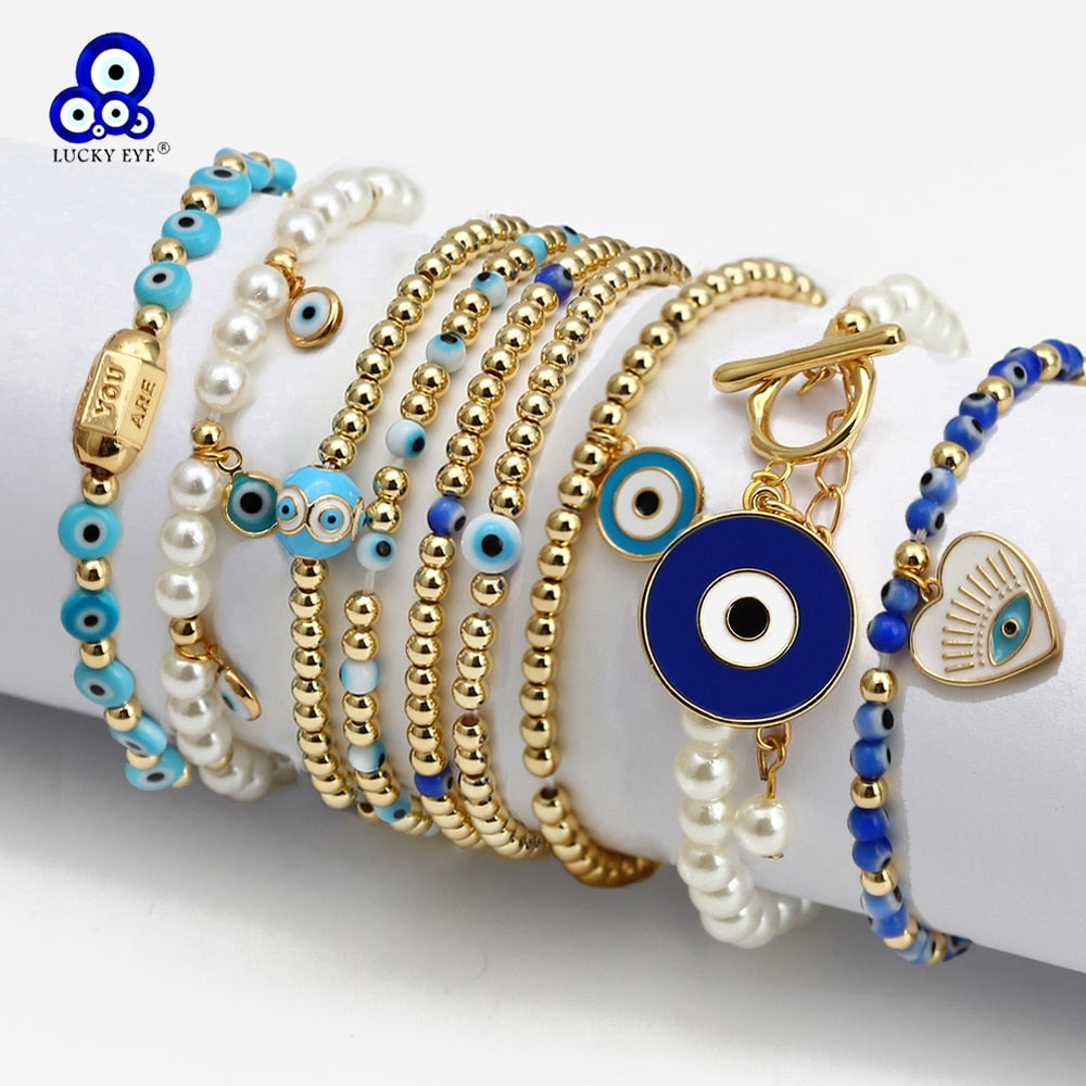 Boho Lucky Eye Pearl Metal Beads Bracelet