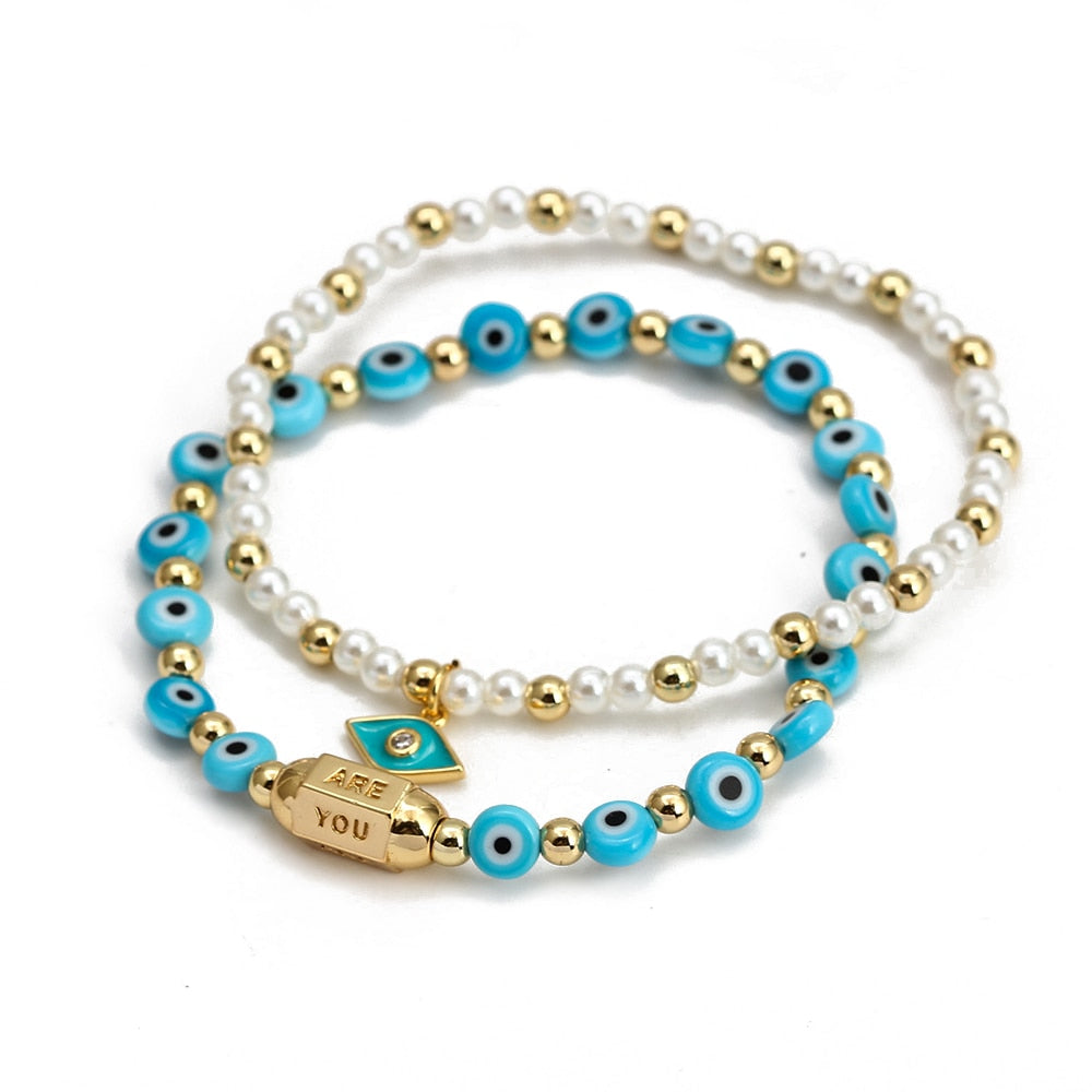 Boho Lucky Eye Pearl Metal Beads Bracelet