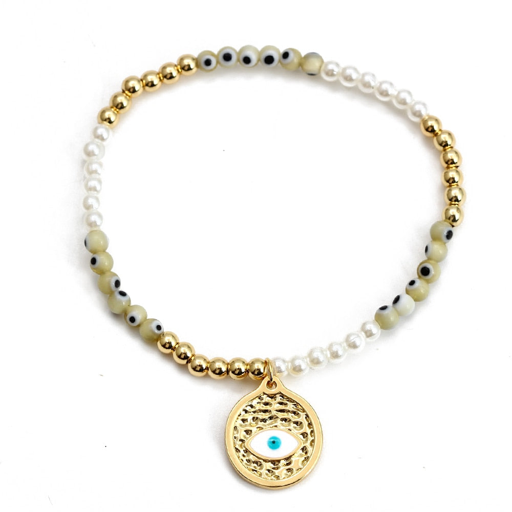 Boho Lucky Eye Pearl Metal Beads Bracelet