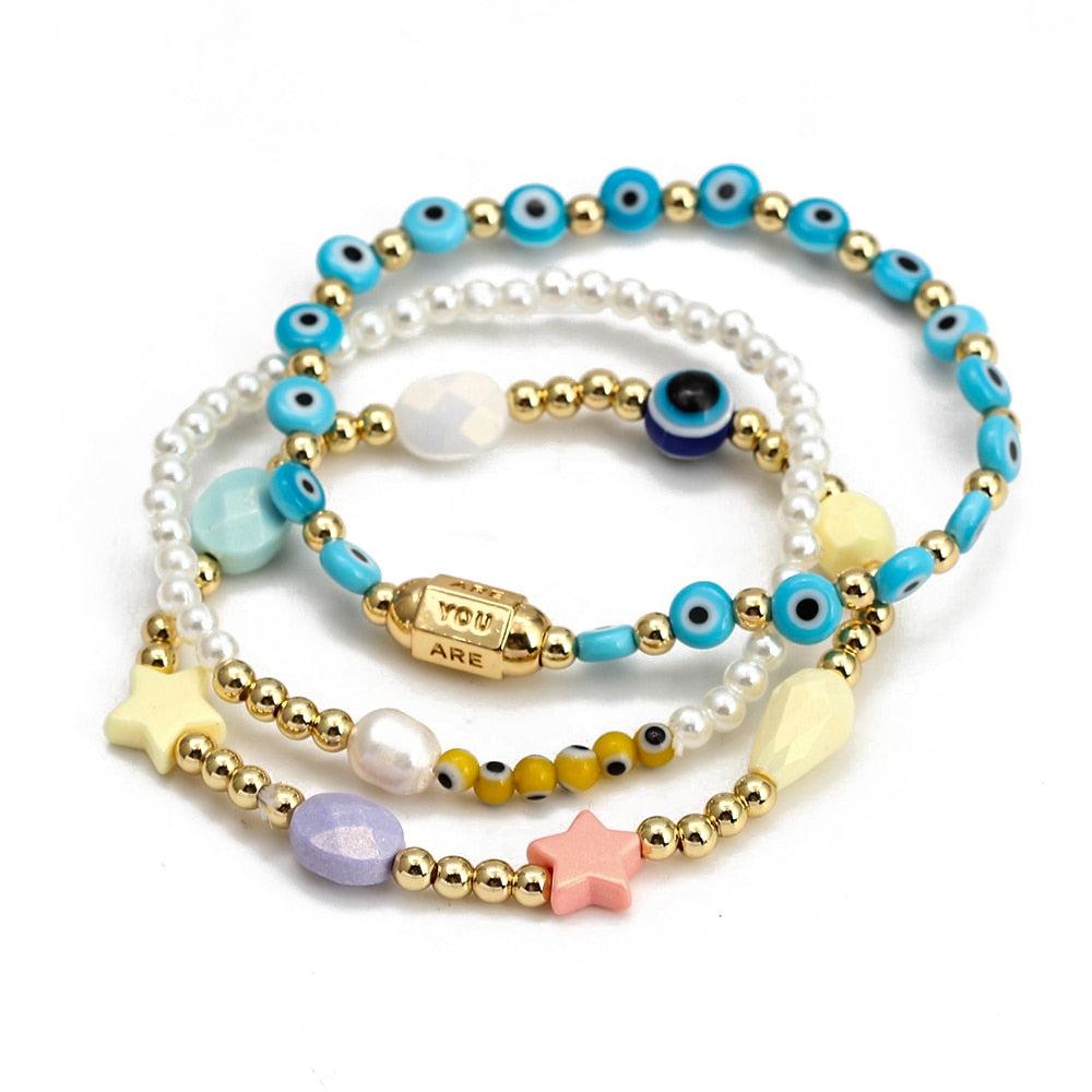 Boho Lucky Eye Pearl Metal Beads Bracelet