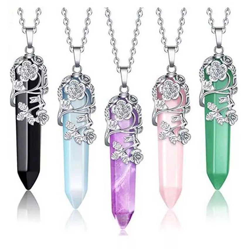 Flower Wrapped Crystal Reiki Healing Crystals Quartz Boho Chain Necklace