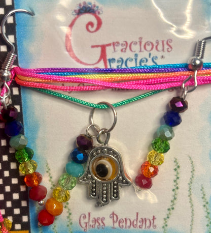Hamsa hand necklace and earrings with 7 chakra pendant set