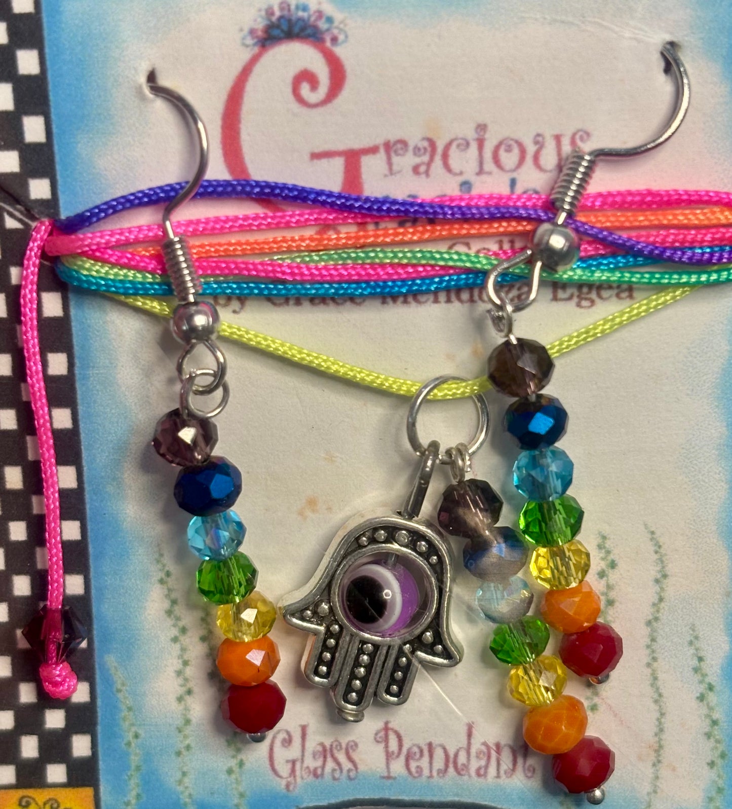 Hamsa hand necklace and earrings with 7 chakra pendant set
