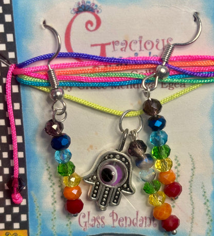 Hamsa hand necklace and earrings with 7 chakra pendant set