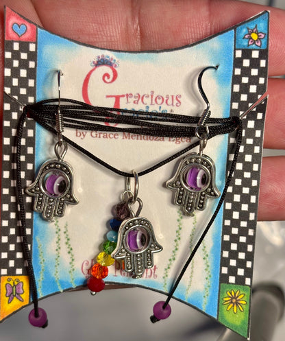 Hamsa hand necklace and earrings