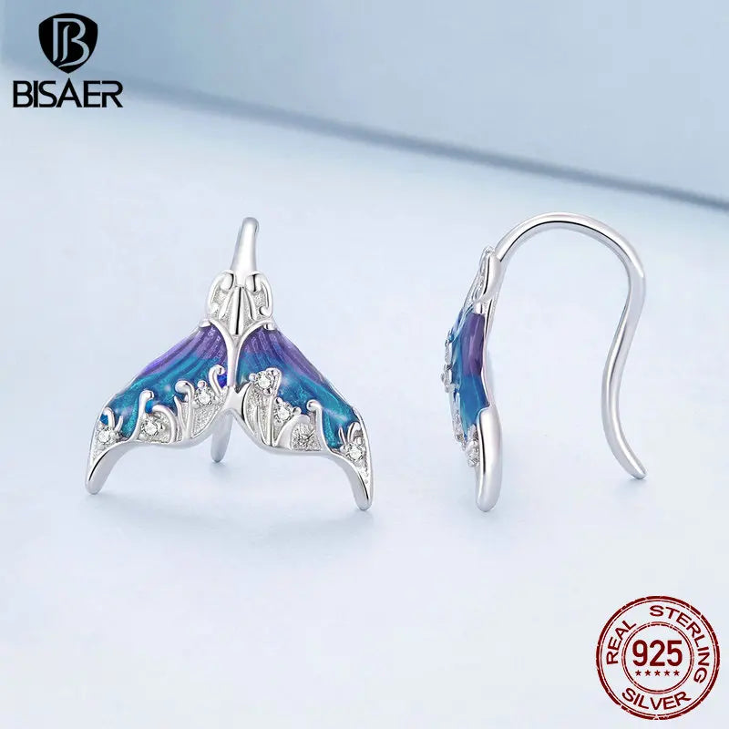 925 Sterling Silver Fantasy Mermaid Tail Earrings Blue-Purple Gradient Enamel