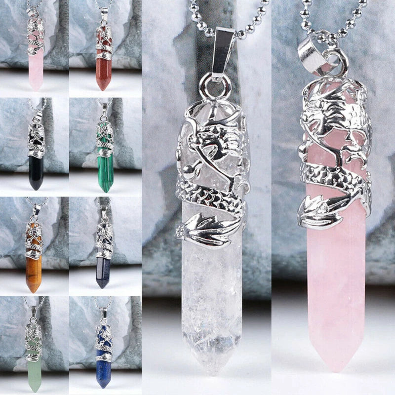 Dragon Wrapped Natural Quartz Crystal Pendant Boho Necklace