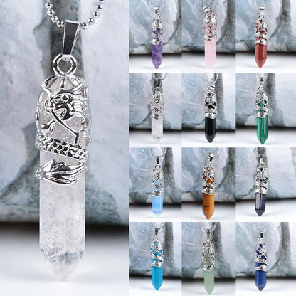 Dragon Wrapped Natural Quartz Crystal Pendant Boho Necklace