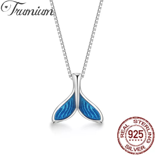 925 Sterling Sliver Fish Tail Necklace Whale Blue Tailed