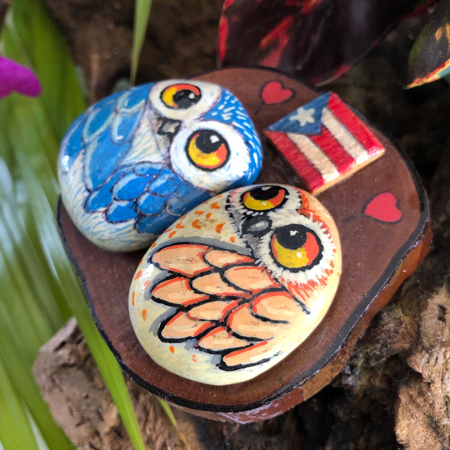 Artesanía - Brown Buhitos in love - rock owls - Puerto Rico flag.