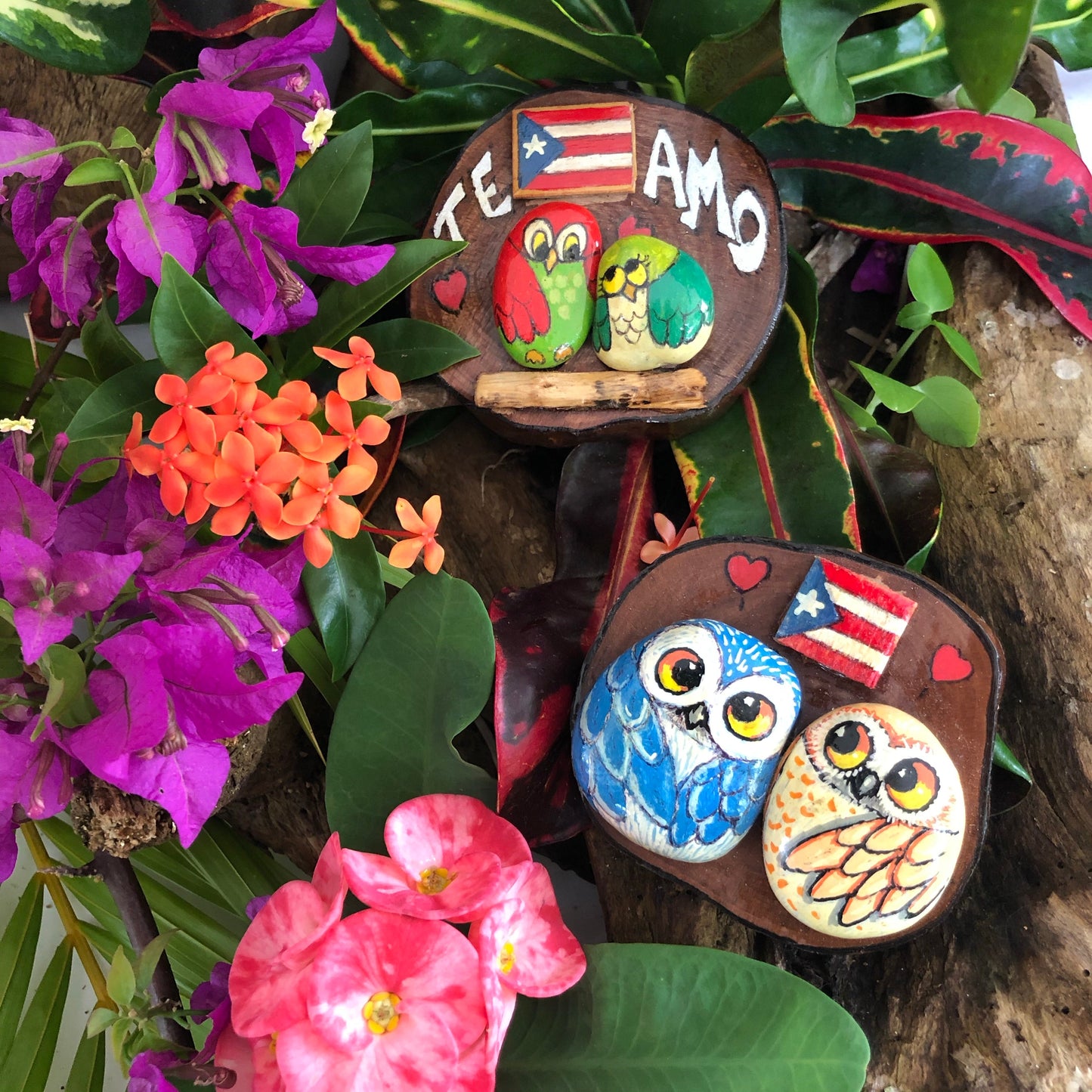 Artesanía - Two Buhitos in love - rock owls - Puerto Rico flag.