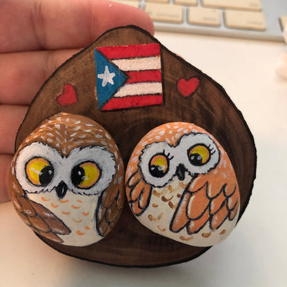 Artesanía - Two Buhitos in love - rock owls - Puerto Rico flag.