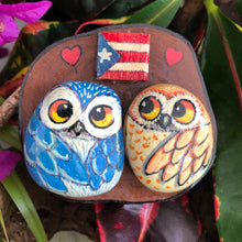 Artesanía - Two Buhitos in love - rock owls - Puerto Rico flag.