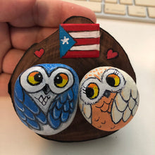 Artesanía - Two Buhitos in love - rock owls - Puerto Rico flag.
