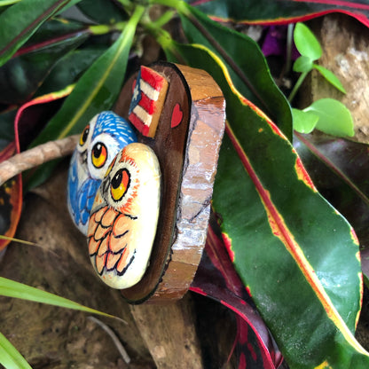 Artesanía - Two Buhitos in love - rock owls - Puerto Rico flag.