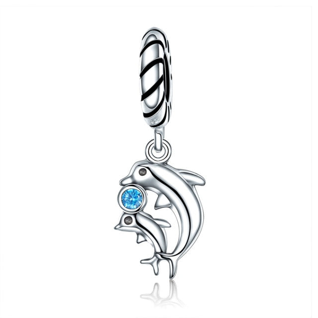 925 Sterling Silver TWO DOLPHIN BLUE STONE Charm